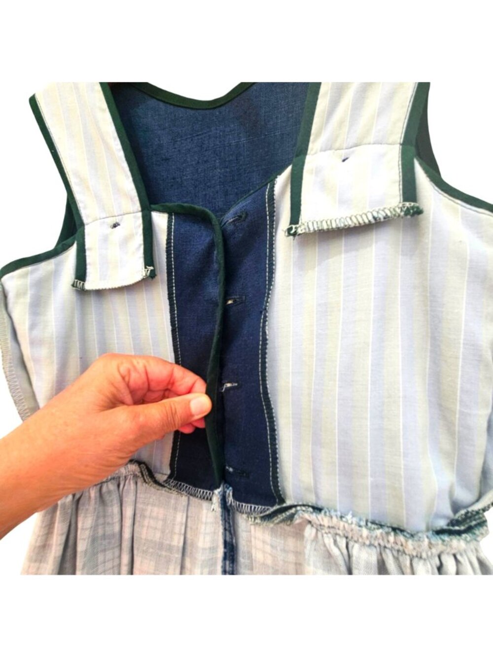 Vintage 80s 90s Handmade Dirndl Dress Blue and White Cotton Polyester XXS - Picture 8 of 16